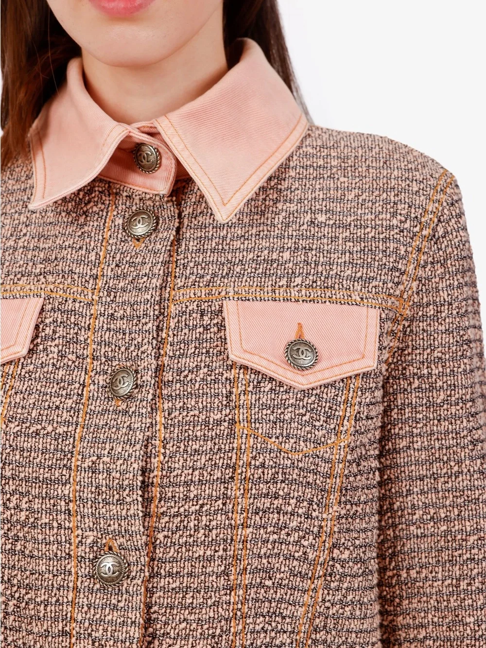 Chanel Pink Tweed Cropped Jacket with Leather Trim